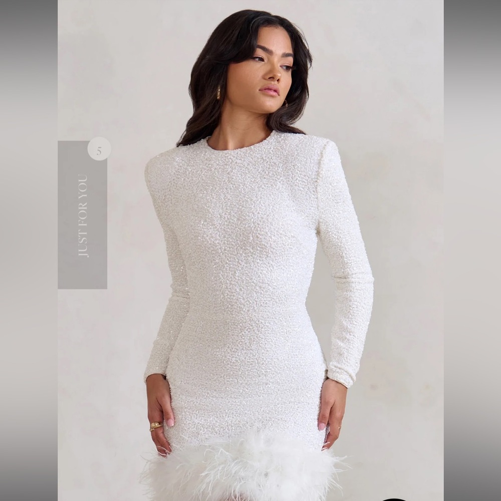 Club L London Claudia White Sequin Feather Long Sleeve Dress